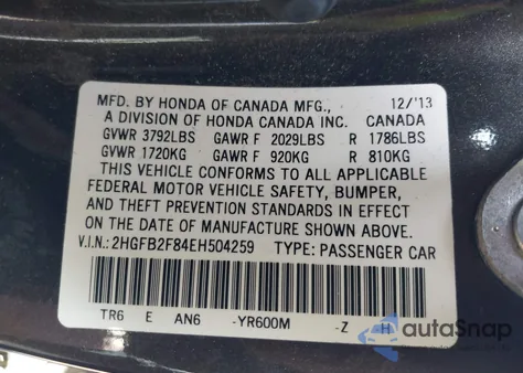 2014 Honda Civic Ex from USA, damaged, VIN 2HGFB2F84EH504259